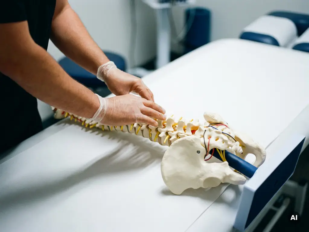 Chiropractor houdt handen boven lumbale wervels van een anatomisch wervelkolommodel op witte ondergrond.