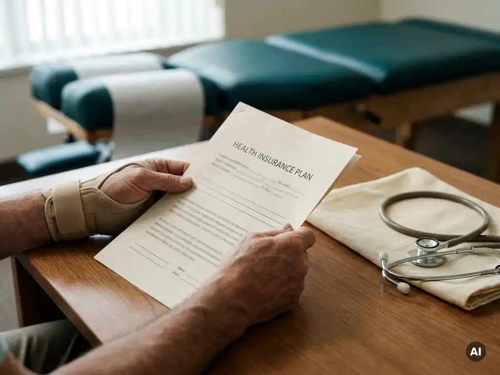 Patiënt bekijkt zorgverzekeringsdocument aan klinisch bureau met chiropractische behandeltafel op achtergrond.
